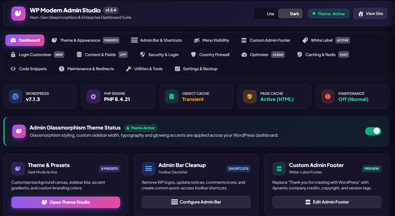 GoPixel WP Admin Studio v1.3.6 dashboard in dark mode