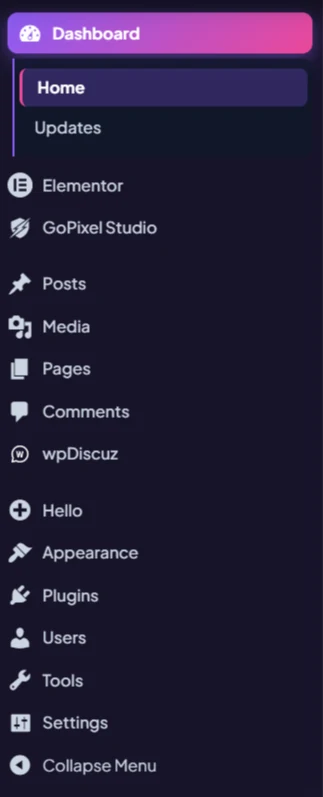 WordPress admin sidebar with GoPixel Studio in Dark mode